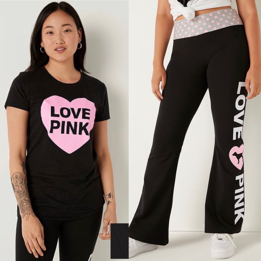 Victoria's Secret Pink Originals Black Perfect Tee Pink Heart & Leggings Pup SET